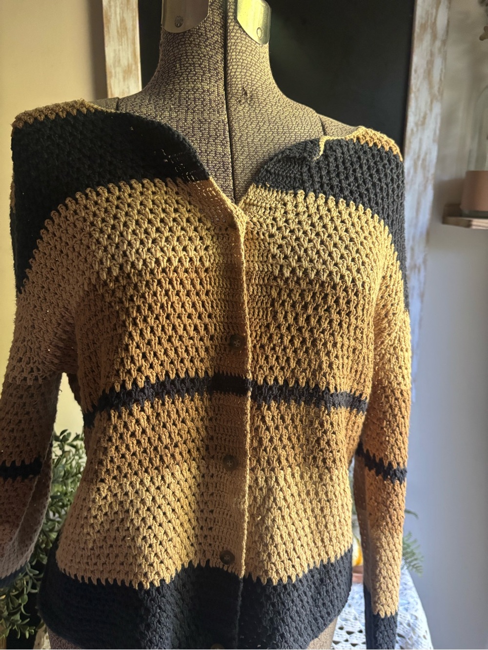 Striped Hand Knit Linen Cardigan Layering Sweater Button Up Small